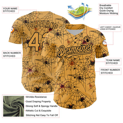 Custom Gold Black 3D Pattern Design Spider Web Authentic Baseball Jersey - Sky-Custom
