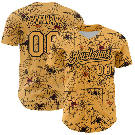 Custom Gold Black 3D Pattern Design Spider Web Authentic Baseball Jersey - Sky-Custom