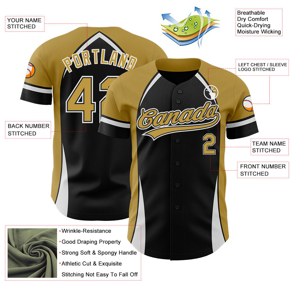 Custom Black Old Gold-White 3D Pattern Design Curve Solid Authentic Baseball Jersey - Sky-Custom