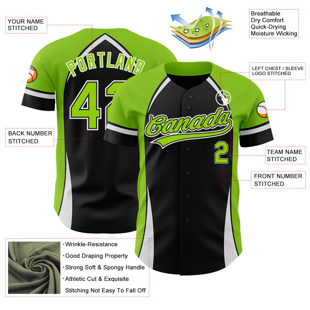 Custom Black Neon Green-White 3D Pattern Design Curve Solid Authentic Baseball Jersey - Sky-Custom