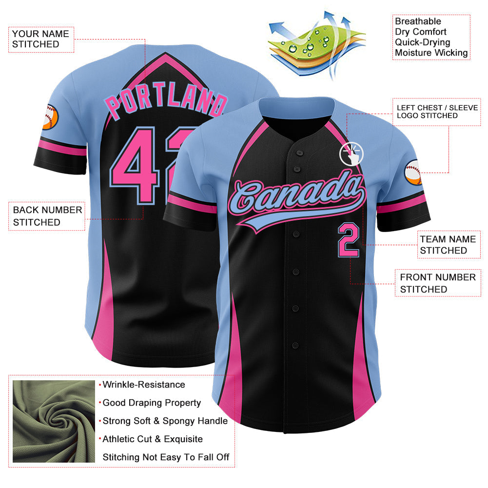 Custom Black Pink-Light Blue 3D Pattern Design Curve Solid Authentic Baseball Jersey - Sky-Custom