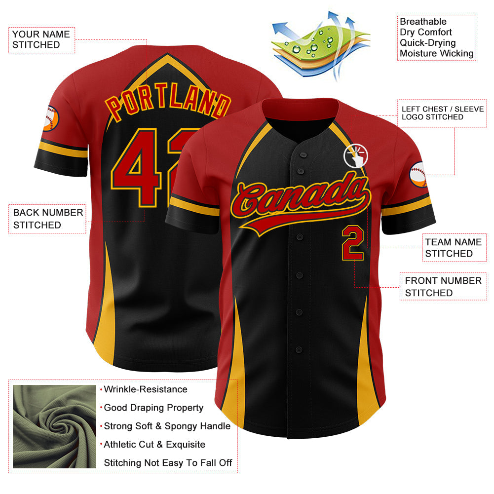 Custom Black Red-Gold 3D Pattern Design Curve Solid Authentic Baseball Jersey - Sky-Custom