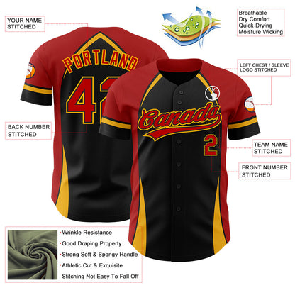 Custom Black Red-Gold 3D Pattern Design Curve Solid Authentic Baseball Jersey - Sky-Custom