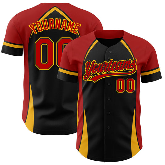 Custom Black Red-Gold 3D Pattern Design Curve Solid Authentic Baseball Jersey - Sky-Custom
