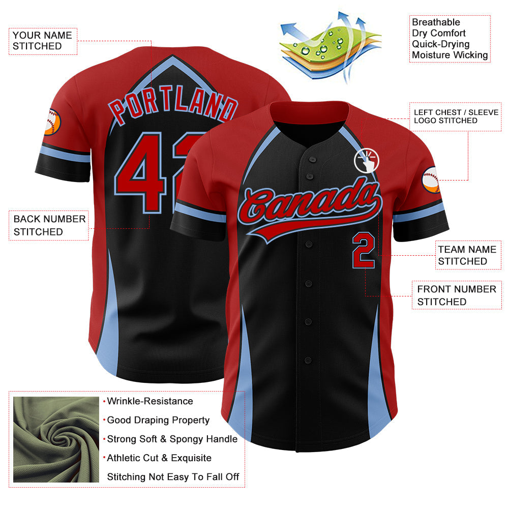 Custom Black Red-Light Blue 3D Pattern Design Curve Solid Authentic Baseball Jersey - Sky-Custom