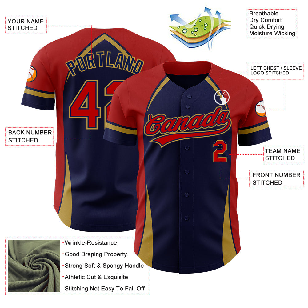 Custom Navy Red-Old Gold 3D Pattern Design Curve Solid Authentic Baseball Jersey - Sky-Custom