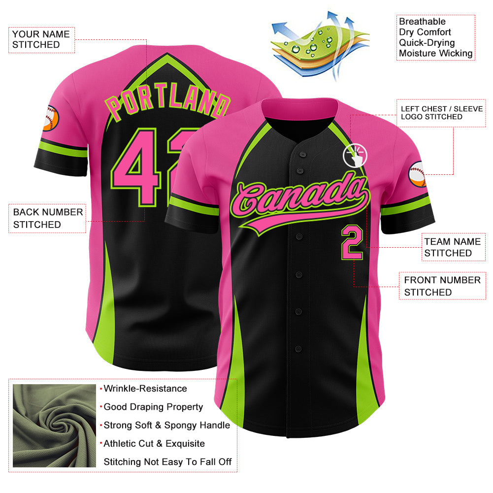 Custom Black Pink-Neon Green 3D Pattern Design Curve Solid Authentic Baseball Jersey - Sky-Custom