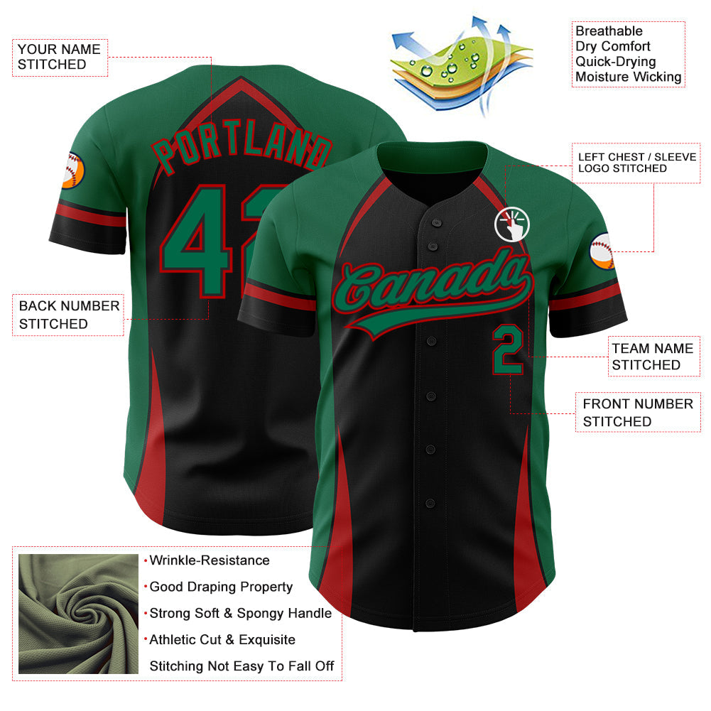 Custom Black Kelly Green-Red 3D Pattern Design Curve Solid Authentic Baseball Jersey - Sky-Custom