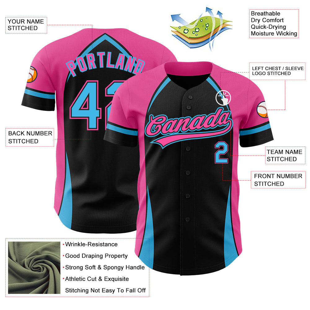 Custom Black Sky Blue-Pink 3D Pattern Design Curve Solid Authentic Baseball Jersey - Sky-Custom