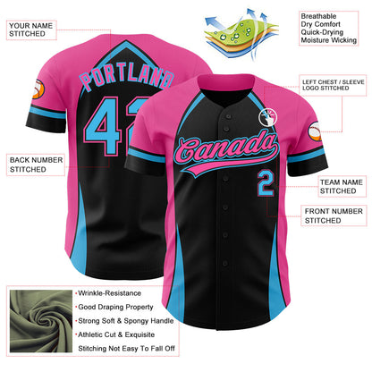 Custom Black Sky Blue-Pink 3D Pattern Design Curve Solid Authentic Baseball Jersey - Sky-Custom