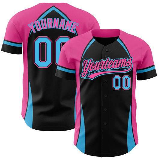Custom Black Sky Blue-Pink 3D Pattern Design Curve Solid Authentic Baseball Jersey - Sky-Custom