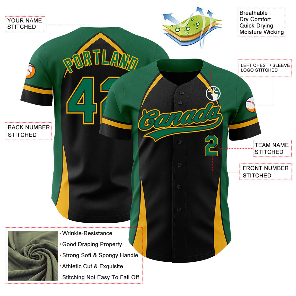 Custom Black Kelly Green-Gold 3D Pattern Design Curve Solid Authentic Baseball Jersey - Sky-Custom