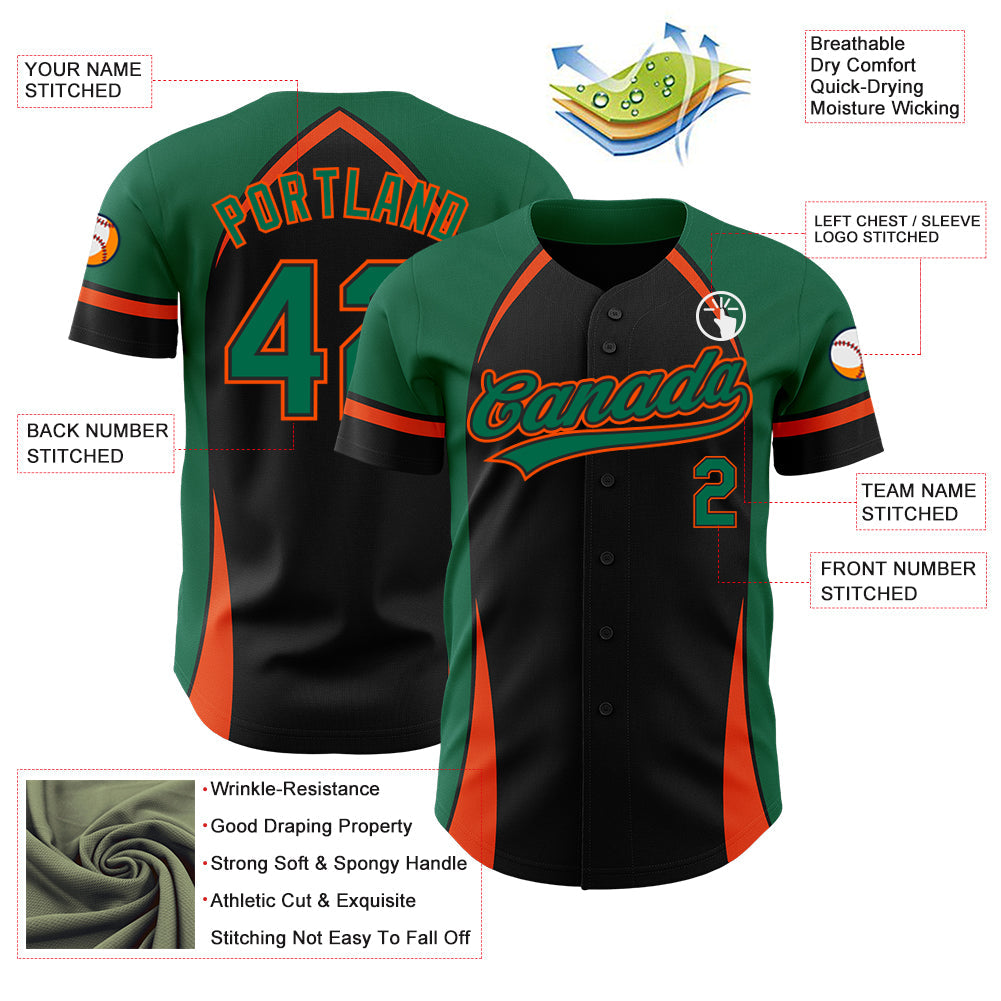 Custom Black Kelly Green-Orange 3D Pattern Design Curve Solid Authentic Baseball Jersey - Sky-Custom