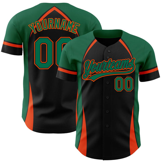 Custom Black Kelly Green-Orange 3D Pattern Design Curve Solid Authentic Baseball Jersey - Sky-Custom