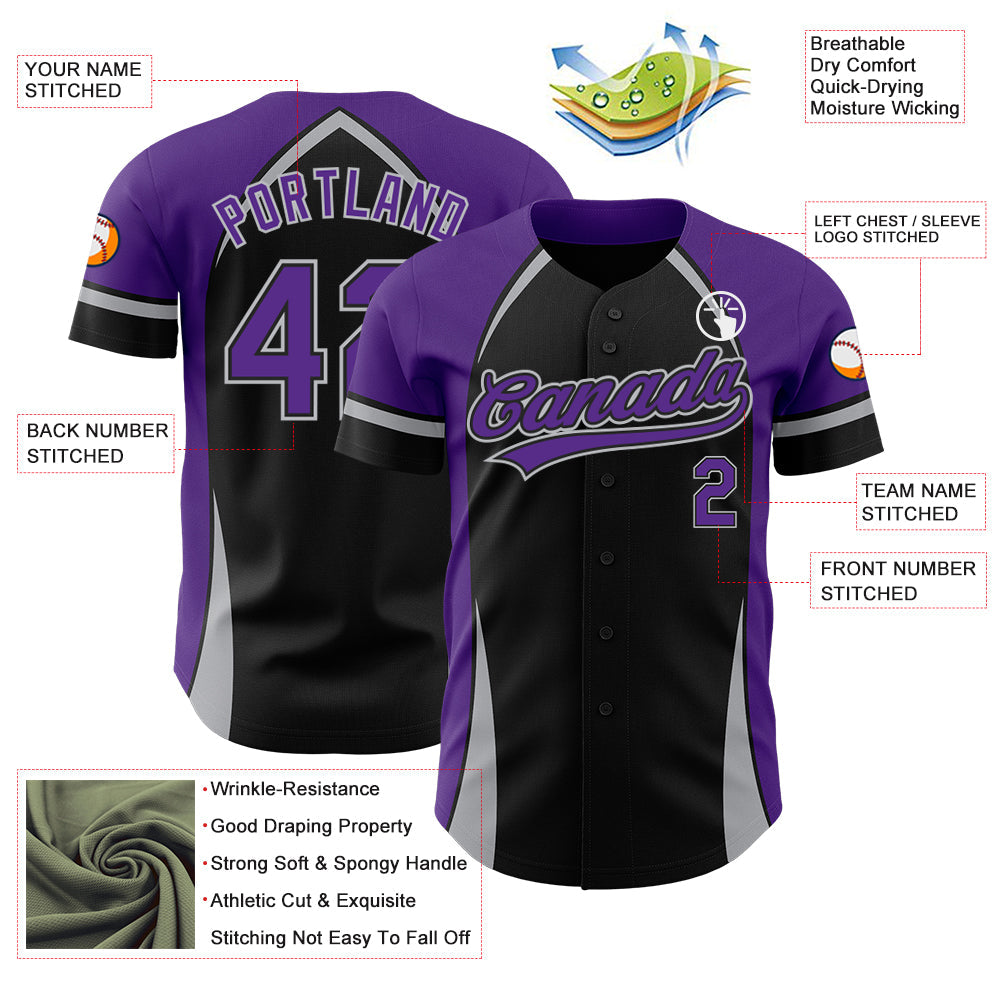 Custom Black Purple-Gray 3D Pattern Design Curve Solid Authentic Baseball Jersey - Sky-Custom