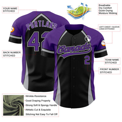 Custom Black Purple-Gray 3D Pattern Design Curve Solid Authentic Baseball Jersey - Sky-Custom