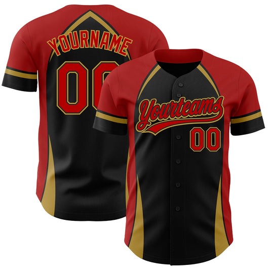 Custom Black Red-Old Gold 3D Pattern Design Curve Solid Authentic Baseball Jersey - Sky-Custom