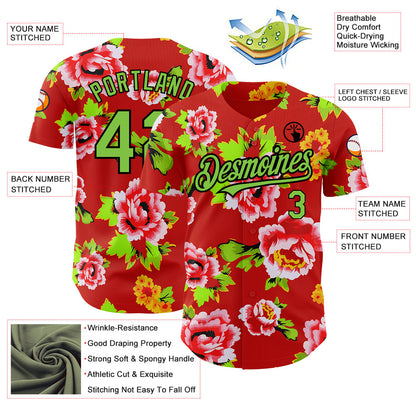 Custom Red Neon Green-Black 3D Pattern Design Northeast China Big Flower Authentic Baseball Jersey - Sky-Custom
