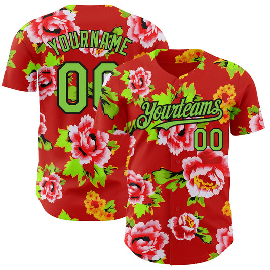 Custom Red Neon Green-Black 3D Pattern Design Northeast China Big Flower Authentic Baseball Jersey - Sky-Custom