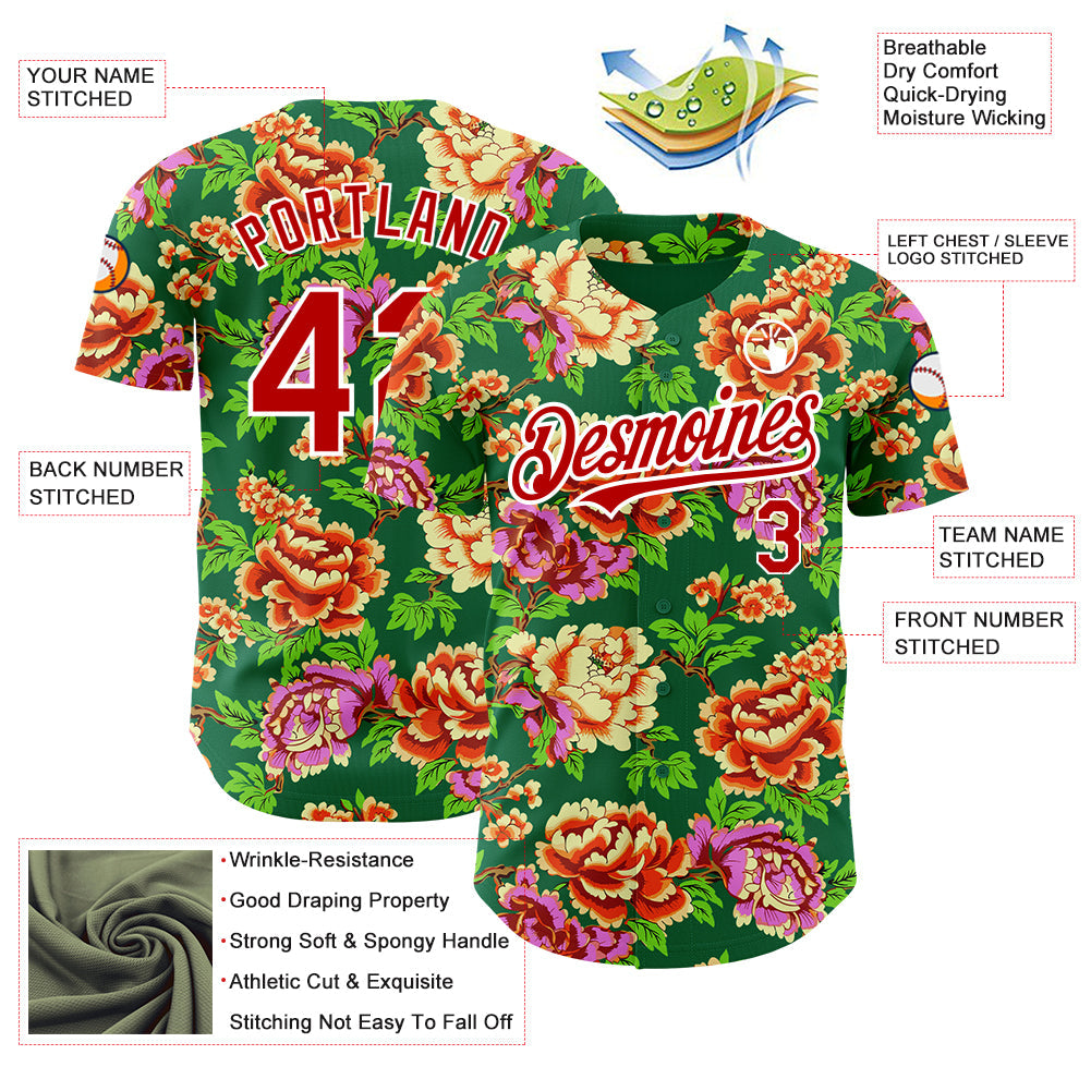 Custom Kelly Green Red-White 3D Pattern Design Northeast China Big Flower Authentic Baseball Jersey - Sky-Custom