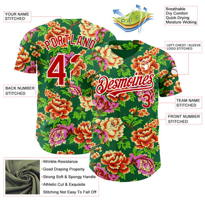 Custom Kelly Green Red-White 3D Pattern Design Northeast China Big Flower Authentic Baseball Jersey - Sky-Custom