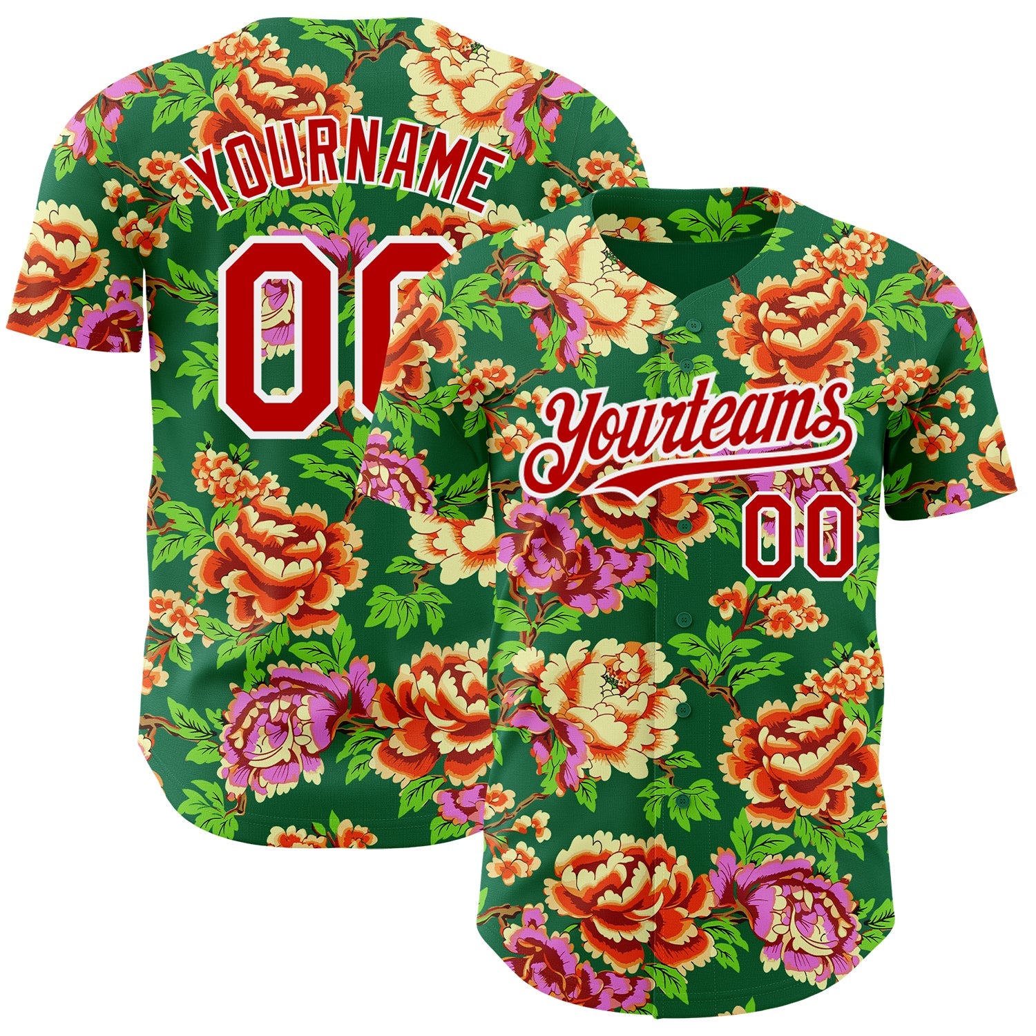 Custom Kelly Green Red-White 3D Pattern Design Northeast China Big Flower Authentic Baseball Jersey - Sky-Custom