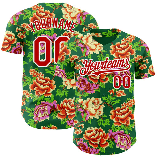 Custom Kelly Green Red-White 3D Pattern Design Northeast China Big Flower Authentic Baseball Jersey - Sky-Custom