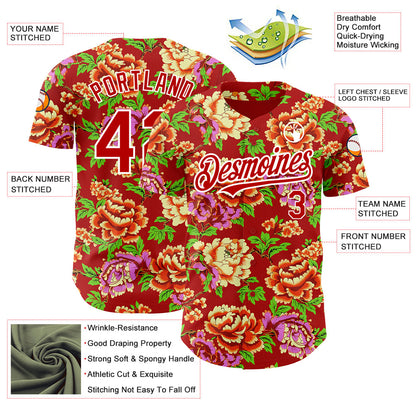 Custom Red White 3D Pattern Design Northeast China Big Flower Authentic Baseball Jersey - Sky-Custom