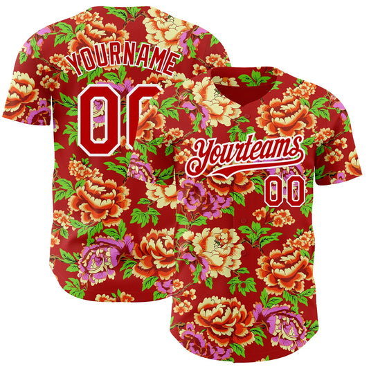 Custom Red White 3D Pattern Design Northeast China Big Flower Authentic Baseball Jersey - Sky-Custom