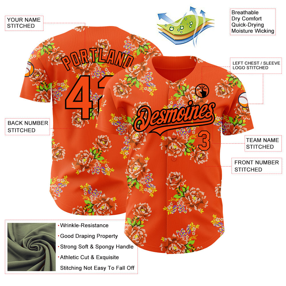Custom Orange Black 3D Pattern Design Northeast China Big Flower Authentic Baseball Jersey - Sky-Custom