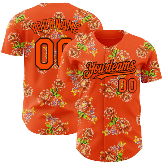 Custom Orange Black 3D Pattern Design Northeast China Big Flower Authentic Baseball Jersey - Sky-Custom