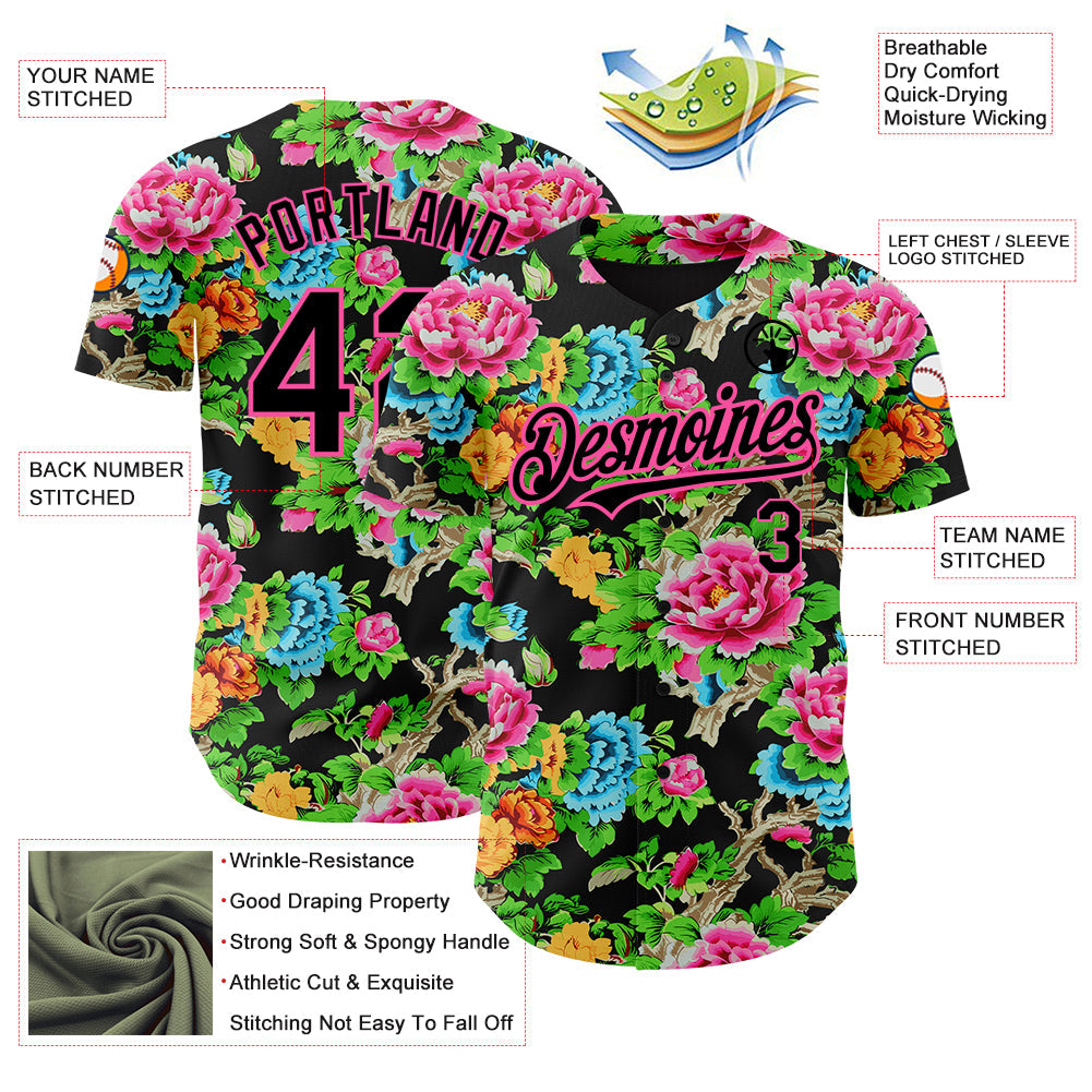 Custom Black Pink 3D Pattern Design Northeast China Big Flower Authentic Baseball Jersey - Sky-Custom