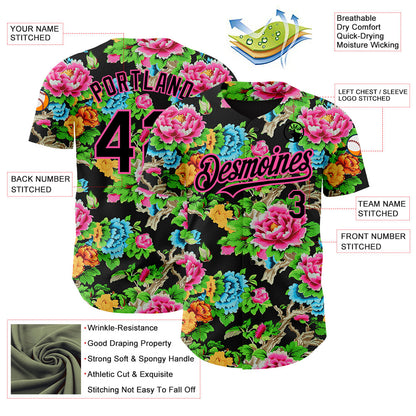 Custom Black Pink 3D Pattern Design Northeast China Big Flower Authentic Baseball Jersey - Sky-Custom