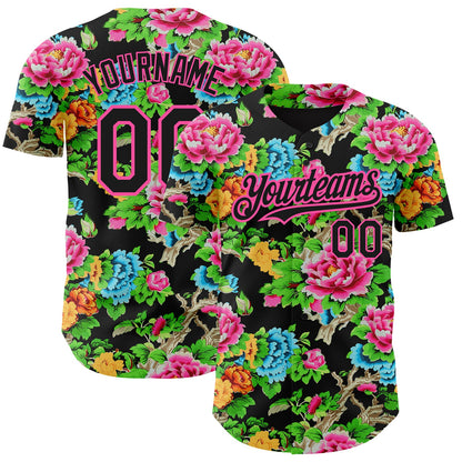 Custom Black Pink 3D Pattern Design Northeast China Big Flower Authentic Baseball Jersey - Sky-Custom