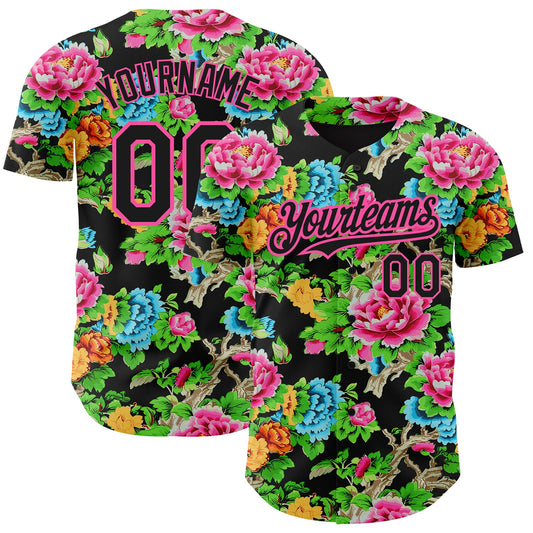 Custom Black Pink 3D Pattern Design Northeast China Big Flower Authentic Baseball Jersey - Sky-Custom