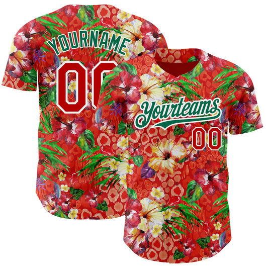 Custom Red Kelly Green-White 3D Pattern Design Northeast China Big Flower Authentic Baseball Jersey - Sky-Custom