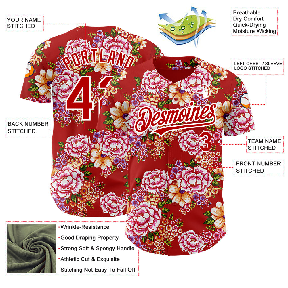 Custom Red White 3D Pattern Design Northeast China Big Flower Authentic Baseball Jersey - Sky-Custom