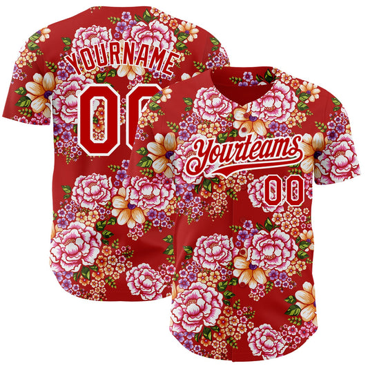 Custom Red White 3D Pattern Design Northeast China Big Flower Authentic Baseball Jersey - Sky-Custom