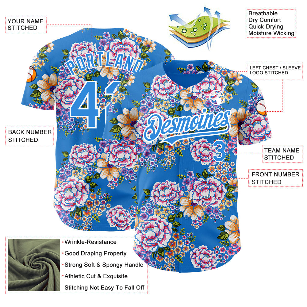 Custom Electric Blue White 3D Pattern Design Northeast China Big Flower Authentic Baseball Jersey - Sky-Custom