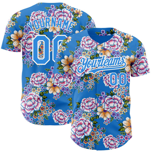 Custom Electric Blue White 3D Pattern Design Northeast China Big Flower Authentic Baseball Jersey - Sky-Custom