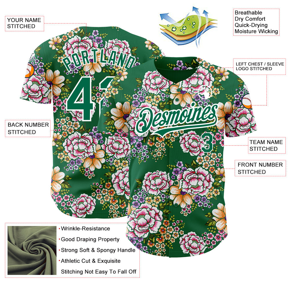 Custom Kelly Green White 3D Pattern Design Northeast China Big Flower Authentic Baseball Jersey - Sky-Custom