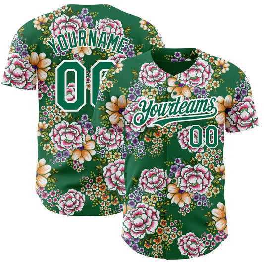Custom Kelly Green White 3D Pattern Design Northeast China Big Flower Authentic Baseball Jersey - Sky-Custom