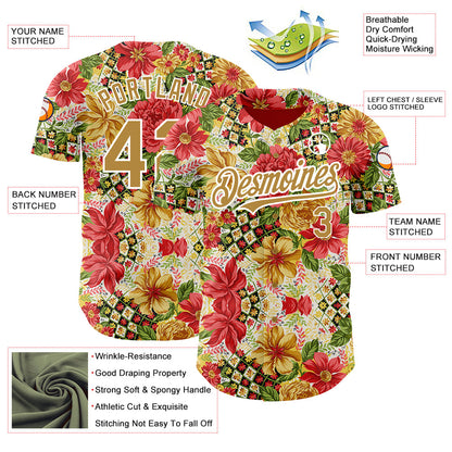 Custom Red Old Gold-White 3D Pattern Design Northeast China Big Flower Authentic Baseball Jersey - Sky-Custom