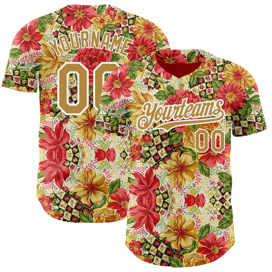 Custom Red Old Gold-White 3D Pattern Design Northeast China Big Flower Authentic Baseball Jersey - Sky-Custom
