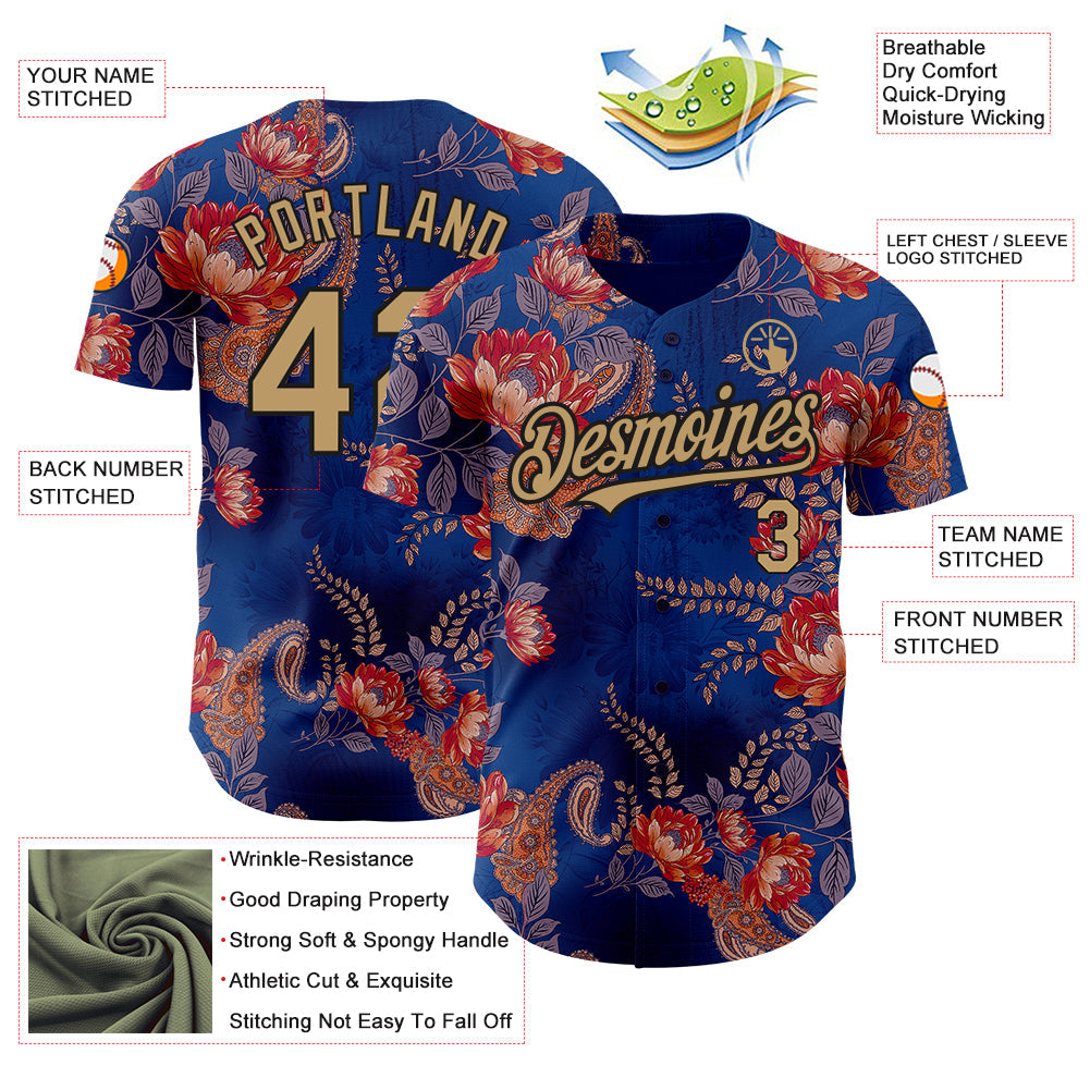 Custom Navy Old Gold-Black 3D Pattern Design Northeast China Big Flower Authentic Baseball Jersey - Sky-Custom