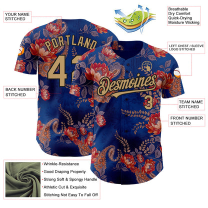 Custom Navy Old Gold-Black 3D Pattern Design Northeast China Big Flower Authentic Baseball Jersey - Sky-Custom