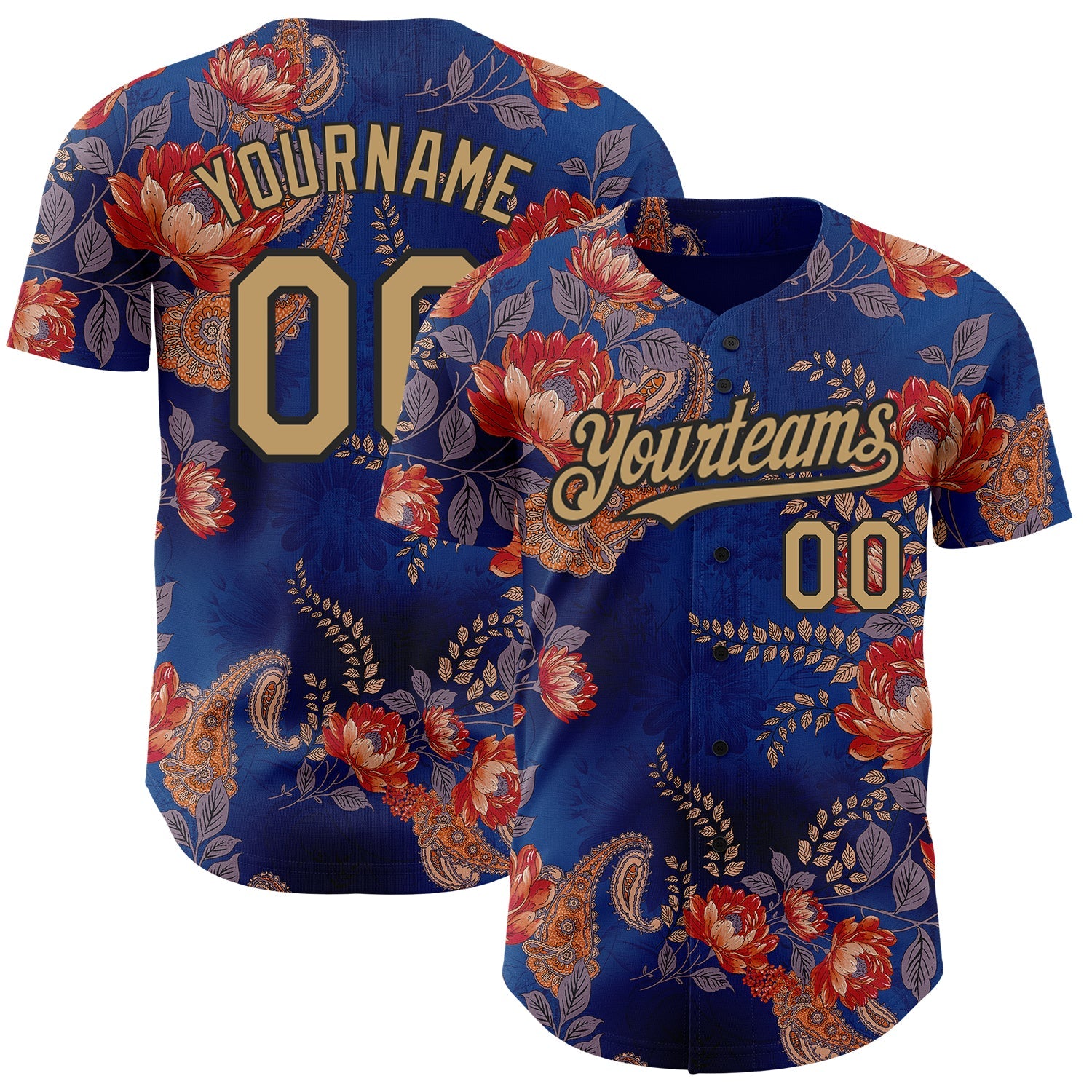 Custom Navy Old Gold-Black 3D Pattern Design Northeast China Big Flower Authentic Baseball Jersey - Sky-Custom