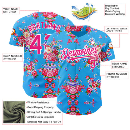 Custom Electric Blue Hot Pink-White 3D Pattern Design Northeast China Big Flower Authentic Baseball Jersey - Sky-Custom