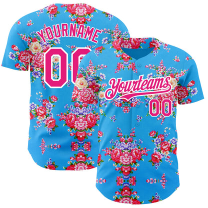 Custom Electric Blue Hot Pink-White 3D Pattern Design Northeast China Big Flower Authentic Baseball Jersey - Sky-Custom