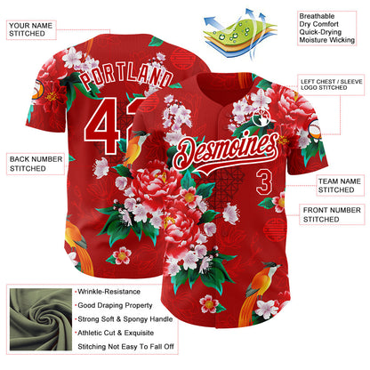 Custom Red White 3D Pattern Design Northeast China Big Flower Authentic Baseball Jersey - Sky-Custom